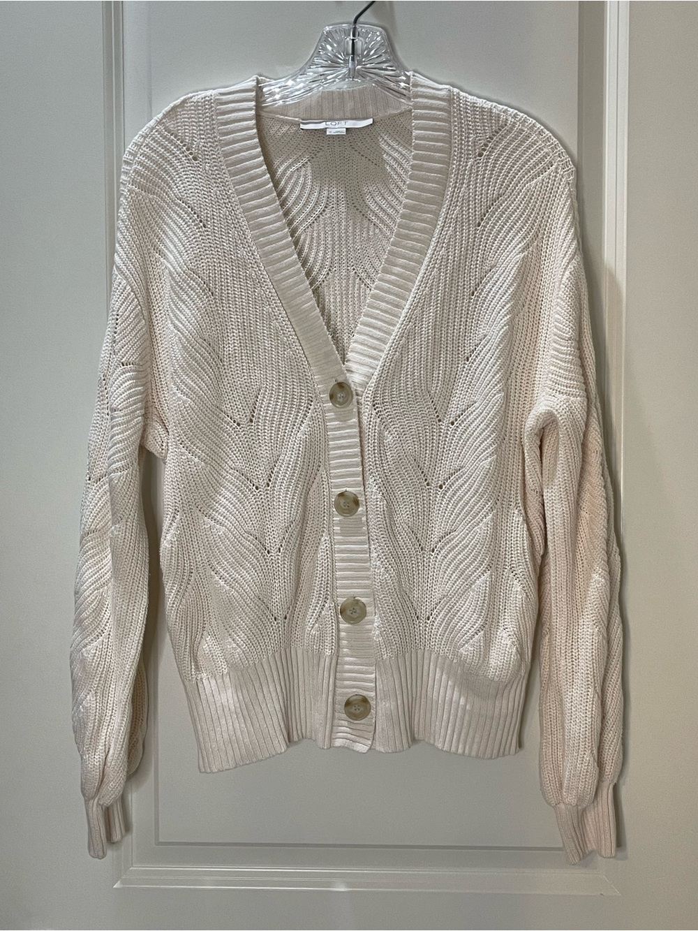 LOFT Ivory Pointelle Knit 100% Cotton Button Cardigan Size M